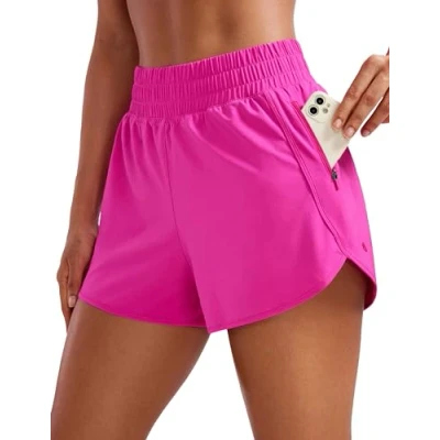 Obrázek CRZ YOGA Dámské Krátké sportovní kalhoty běžecké High Waist Fitness Sport Shorts s kapsou na zip, Fialová ibišek