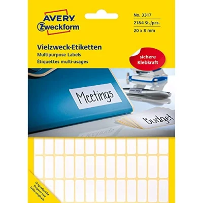 Obrázek Avery Zweckform 3317 etikety pro domácnost samolepicí (20 x 8 mm, 2,184 nálepek na 28 arších, univerzální domácnost, školu a kancelář k popisování označování) prázdné, bílé