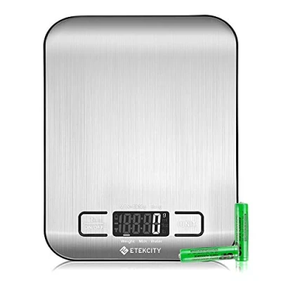 Obrázek ETEKCITY Kuchyňská váha, digitální 5 kg s velkým LCD displejem, poštovní váha velkou plochou pro vážení z ušlechtilé oceli, měření kapaliny, vysoká přesnost až na 1 g, funkce tára,