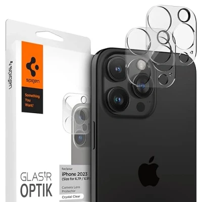 Obrázek Spigen Sklo. tR ochrana fotoaparátu kompatibilní s iPhone 16 Pro/Pro Max, 15 14 2 kusy, křišťálově čirá, vhodná pro obaly, fólie tvrdostí 9H