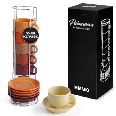 Obrázek MIAMIO 6 x 75 ml Espresso Tassen/Espressotassen Set mit Ständer Steingut Keramik Palmanova Kollektion (Ocean)