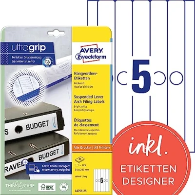 Obrázek Avery Zweckform L4756 25 závěsná složka pro etikety, 34 x 297 mm, listů/125 Bílá