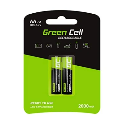 Obrázek Green Cell 2000 mAh 1,2 V 2 ks přednabité Ni MH AA akumulátory baterie AA/Mignon, okamžitě připravené k použití, silný výkon, nízké samovybíjení, dobíjecí baterie, bez paměťového efektu