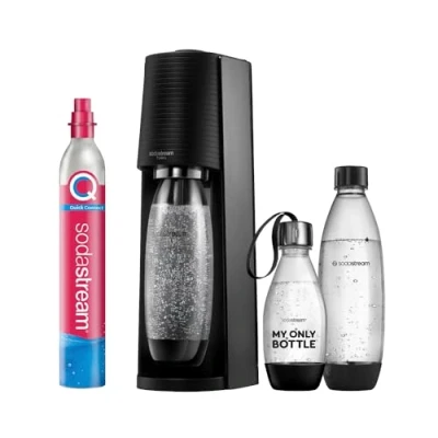 Obrázek Výrobník sody SodaStream Terra, výhodné balení s CO2 bombičkou, 2x 1l plastovou lahví vhodnou do myčky a 1x 0,5 l myčky, výška 44 cm, černý