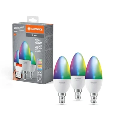 Obrázek LEDVANCE Chytrá LED lampa s WiFi technologií, patice E14, stmívatelná, měnitelná barva světla (2700 6500 K), RGB barvy, nahrazuje žárovky 40 W, SMART+ svíčka Multicolour, balení 3 ks