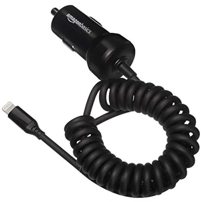 Obrázek Amazon Basics Nabíječka do auta s konektorem Lightning, spirálový kabel, 5 V, 2,4 A, 0,45 m, černá