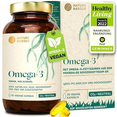 Obrázek Nature Basics® Veganský Omega 3 z řas 70 kapslí s vysokým dávkováním po dobu 2 měsíců jedna kapsle denně na podporu normálního mozku, očí a srdeční funkce laboratorně testováno čistotu