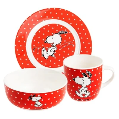 Obrázek Snídaňová sada Snoopy od The Peanuts nádobí 3dílná talíř, mísa a šálek červený s puntíky z porcelánu