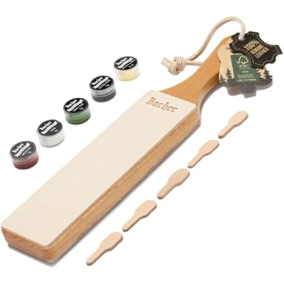 Obrázek BACHER Premium kožený mazlicí řemen stahovák pro nože sada s 4 x 7 g lešticí pasty. Rukojeť pádla z tvrdého dřeva, potažena 1/8&quot; silnou hovězí usní kůží vydělanou kůrou