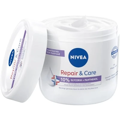 Obrázek NIVEA Repair &amp; Care krém bez parfémů, hydratační a nemasticí tělový krém, rychle se vstřebávající s panthenolem glycerinem, pro citlivou svědící pokožku (400 ml)