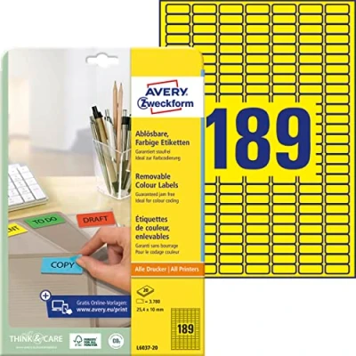 Obrázek AVERY Zweckform L6037 20 žluté etikety (3 780 nálepek, 25,4 x 10 mm na A4, opět beze zbytku odstranitelné, samolepicí barevné etikety, papír matný, potištěné, lepicí etikety) listů