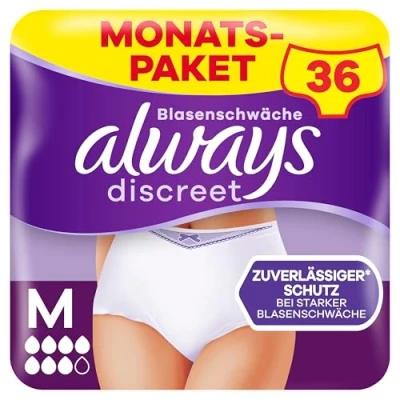 Obrázek Always Discreet inkontinenční kalhotky pro ženy Plus M 36 kusů, okamžitě uzavře pachy a tekutinu