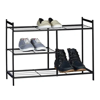 Obrázek Relaxdays Botník Sandra se 3 patry, odkládací plocha z kovu, s přihrádkou na boty, v x š h: cca 50,5 70 26 cm, pro 8 párů bot, úchyty, černý