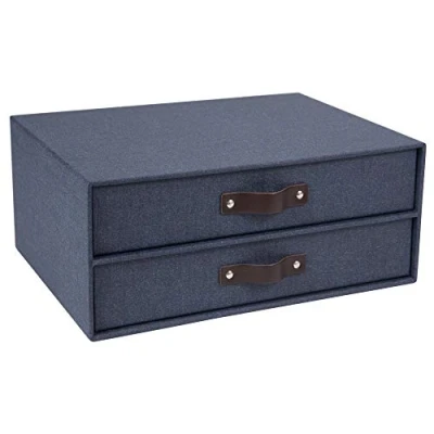 Obrázek Bigso Box of Sweden BIRGER Schubladenbox für Dokumente und Bürobedarf Schreibtisch Organizer mit 2 Schubladen Ablagesystem aus Faserplatte Papier in Leinenoptik blau