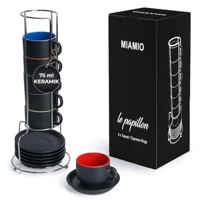 Obrázek MIAMIO sada šálků na espreso 6 x 75 ml / espresso s podšálkem a stojanem kávové šálky ks hrnků kávu keramika kolekce Le Papillon (barevná)
