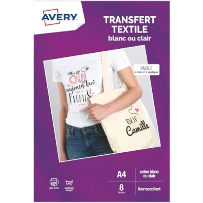 Obrázek AVERY Balení 8 bílých nebo průhledných transferových papírů pro trička textilie, lze přizpůsobit a potisknout, formát A4, inkoustový tisk