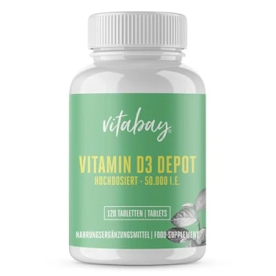 Obrázek Vitabay vitamín D3 Depot 50 000 I.E. 120 veganských tablet vitamin D vysoce dávkovaný 50000 vitaminu kapsle tablety Vit s vitaminem