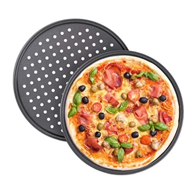 Obrázek Relaxdays Talíř na pizzu, sada 2 ks, kulatý, děrovaný, nepřilnavý, pizza a slaný koláč, karbonová ocel, křupavý plech, ∅ 32 cm, šedá, antracitová