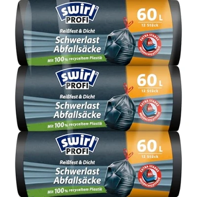 Obrázek Swirl Sáčky na odpadky 60 l (3 x 12 sáčků), pytle s praktickým stahovacím páskem, odolné proti odkapávání a proražení pro těžký odpad z domu zahrady