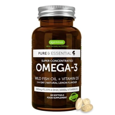 Obrázek Omega 3 s vitaminem D3, 80% vysoce koncentrované DHA+EPA kapsle, čistý rybí olej z divočiny, bez příchuti ryb, 60 měkkých gelových kapslí, 1 denně, od Igennus