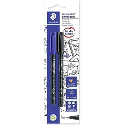 Obrázek STAEDTLER permanentní univerzální pero Lumocolor, odolné proti rozmazání a vodě, rychle schnoucí, lze doplňovat, šířka linie 0,6 mm, 2 zvýrazňovače modrá/černá na blistrové kartě, 318 ASBK2D