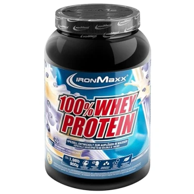 Obrázek IronMaxx 100% Whey Protein prášek borůvkový tvarohový koláč 900 g plechovka s redukcí cukru, ve vodě rozpustný proteinový ze syrovátkového proteinu mnoho různých příchutí