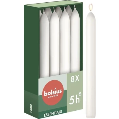 Obrázek Bolsius Hladké svíčky bílé 8 kusů v kartonu 17 cm délka hoření 5 hodin neparfémované obsahuje přírodní rostlinný vosk bez palmového oleje, 170/20