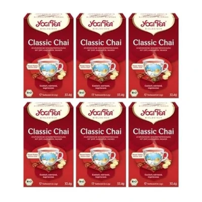 Obrázek YOGI TEA, Klasický chai, ajurvédský bio kořenkový čaj přirozeně bez kofeinu, směs skořice, kardamomu a zázvoru, jogínový balení 6 ks, x 17 sáčků (102 čajových celkem), ideální jako dárek