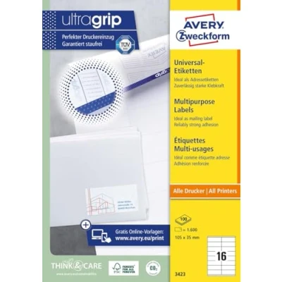 Obrázek Avery Zweckform 3423 Univerzální etikety (A4, papír matný, 1,600 etikety, 105 X 35 mm) 100 Folio Bílá