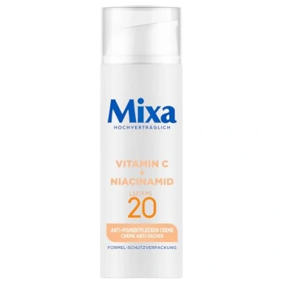 Obrázek Mixa Krém proti pigmentovým skvrnám, pro nerovnoměrnou, dutou a citlivou pokožku s vitaminem C niacinamidem, vhodný na obličej krk, LSF 20, hypoalergenní, 50 ml