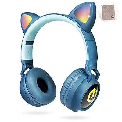Obrázek PowerLocus Bluetooth sluchátka, LED kočičí uši, 85 dB bezpečná hlasitost, 5.3, Micro SD/TF, HD Stereo, bezdrátová a kabel, dětská sluchátka s mikrofonem pro mobilní telefon, tablety, PC,
