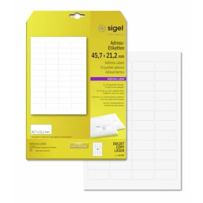 Obrázek SIGEL LA315 zaoblené adresní etikety samolepicí, potiskovatelné, bílé, 45,7 x 21,2 mm, 1200 etiket = 25 listů