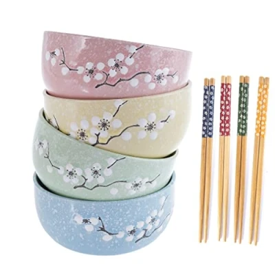 Obrázek 4er Set 4 Kirschblüten Schalen ⌀ 11 cm Müslischalen, Reisschüsseln, Suppenschalen Mit Essstäbchen Japanische Asiatische Poke Bowl Japan China Geschirr Geschenkset