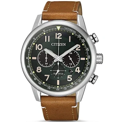 Obrázek CITIZEN Pánské analogové hodinky ocel kožený pásek stříbrná barva 43 mm, stříbrná, Řemínek