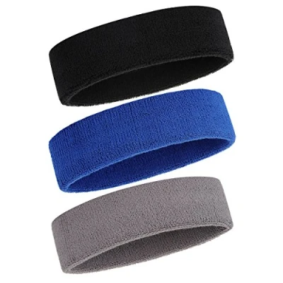 Obrázek ONUPGO Čelenka pro muže a ženy 3 ks sportovní čelenky odvádění vlhkosti Athletic Cotton Terry Cloth potítko absorbující pot, páska na hlavu (černá/šedá/modrá)