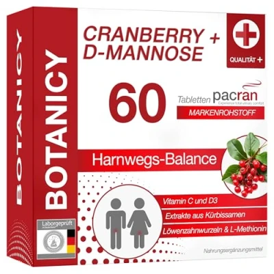 Obrázek BOTANICY Cranberry + D mannose podporuje močový měchýř a trakt PACRAN® brusinkový prášek, vitamín C D3, dýňová semena extrakt z kořene pampelišky 60 tablet brusinek