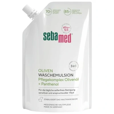Obrázek Sebamed Tekutá olivová emulze mycí doplňovací sáček, s olivou a panthenolem, čištění bez mýdla pro citlivou náročnou pokožku, vhodný k rukou, obličeje těla, 400 ml