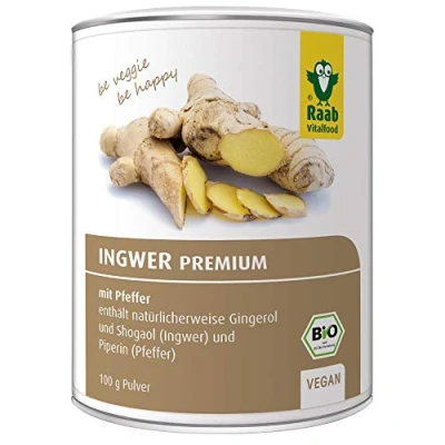 Obrázek Raab Vitalfood Bio zázvorový prášek Premium s pepřem, veganský, obsahuje přirozeně gingerol, laboratorně testováno v Německu, 100 g 3696