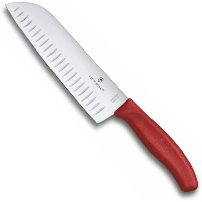 Obrázek Victorinox, Swiss Classic, Profi nůž Santoku, extra ostrá čepel, kulový brus, 17 cm, robustní plastová rukojeť, nerezová ocel, červená