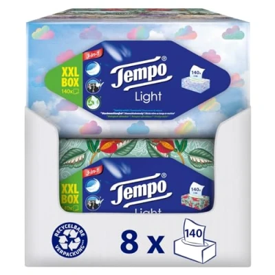 Obrázek Tempo XXL Light Box kapesníky balení po 8 boxech, 140 ubrousků v boxu měkké papírové kapesníky, lze prát pračce
