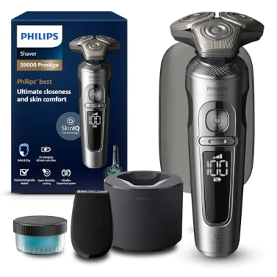 Obrázek Philips Elektrický holicí strojek na mokré a suché holení Shaver S9000 Prestige, světlý chrom, systém Lift &amp; Cut, technologie SkinIQ, přesný zastřihovač, čisticí stanice cestovní pouzdro,