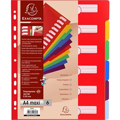 Obrázek Exacompta Prémiový registr 4806E pro DIN A4 MAXI z trvanlivého plastu 6dílný plná výška 24 x 29,7 cm neprůhledný, 6 barev s organizačním potiskem na první straně oddělovače