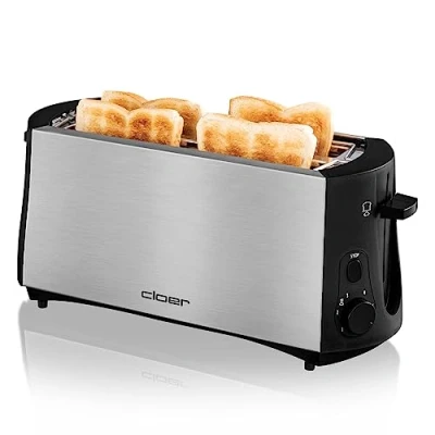 Obrázek Cloer Toustovač 3719 s dlouhým výřezem pro 4 plátky toustů, 1380 W, integrovaný nástavec, přilepovací zařízení, zásuvka na drobky, tepelně izolovaný kryt z ušlechtilé oceli, černý / ušlechtilá ocel