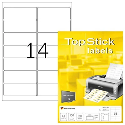 Obrázek TopStick 8757 adresní štítky, 100 listů, 99,1 x 38,1 mm, 14 na arch A4, 1400 kusů, samolepicí, potisknutelné, matné, prázdné papírové nálepky adresu etikety, bílé