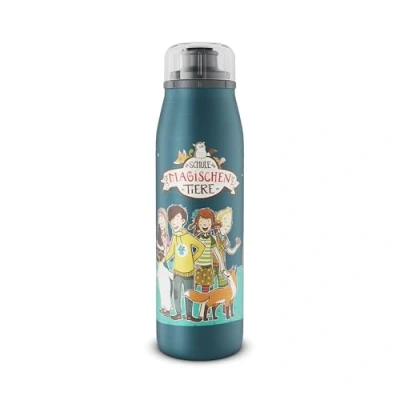Obrázek alfi KIDS ISO BOTTLE 500 ml, modrá škola magických zvířat, dětská termoska z ušlechtilé oceli, hustá se šroubovacím uzávěrem, udržuje 12 hodin teplé, 24 studené, láhev na sycené nápoje, bez