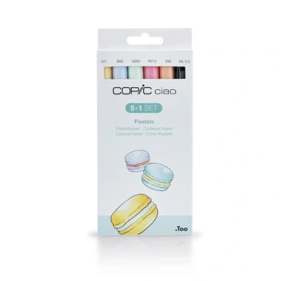 Obrázek COPIC Ciao Marker 5+1 sada &quot;pastelové barvy&quot;, 5 univerzálních layoutových popisovačů se středně širokým a štětcovým hrotem, vč. 1 multiliner 0,3 mm