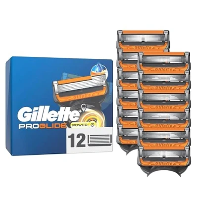 Obrázek Gillette Proglide Power, 12 originálních náhradních čepelí, pánské holicí čepele, 2 kluzné proužky před a po čepelích EverGlide pro neuvěřitelnou důkladnost komfort