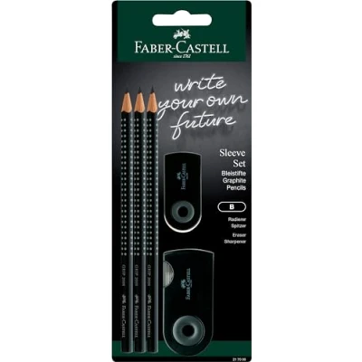 Obrázek FABER CASTELL 217059 Bleistifte Set Sleeve, mit Spitzer, Radiergummi und 3 Bleistifte, Schreibset Grip 2001 schwarz