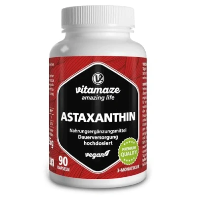 Obrázek Astaxanthin kapsle ve vysokých dávkách a veganské, 4 mg přírodního astaxanthinového prášku z dešťových řas v krvi, 90 kapslí po dobu 3 měsíců, bez přísad, vyrobeno Německu