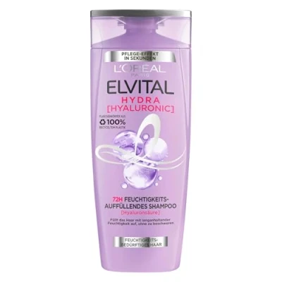 Obrázek L&#039;Oréal Paris Elvital Hydra Hyaluronic hydratační šampon pro lesklé vlasy, hyaluron zvýšení vlhkosti, lesk a ochrana, dlouhotrvající vlhkost péče, 300 ml